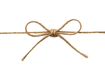 Perfectly crafted single brown jute twine bow knot, meticulously tied with intricate individual fibres, on pristine transparent studio background, soft lighting, copy space, concept of natural