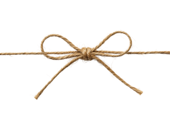 Perfectly crafted single brown jute twine bow knot, meticulously tied with intricate individual fibres, on pristine transparent studio background, soft lighting, copy space, concept of natural