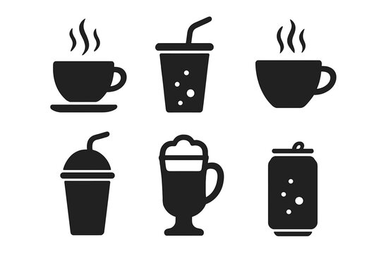Drink icon set. Solid glyph silhouette style vector symbols. Hot coffee cup, tea, soda, smoothie, latte, cappuccino, and cold beverage collection for cafe restaurant menu.