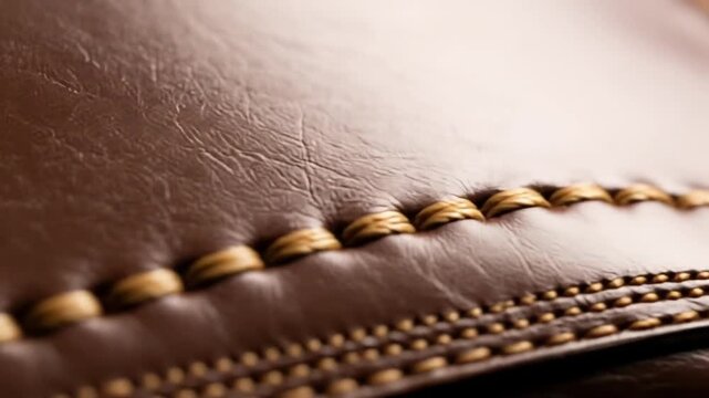 Close-up of detailed brown leather stitching showcasing craftsmanship and texture in a workshop setting