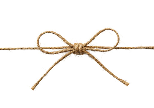 Perfectly crafted single brown jute twine bow knot, meticulously tied with intricate individual fibres, on pristine transparent studio background, soft lighting, copy space, concept of natural
