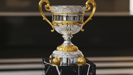 Elegant trophy with intricate designs and golden accents displayed on a polished marble base indoors