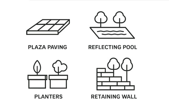 Landscape architecture outline icon set. Urban design elements for city park or garden. Plaza paving, reflecting pool, planters, and retaining wall vector symbols.