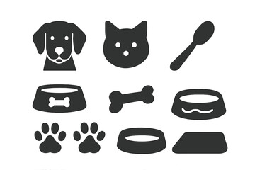 Pet care solid icons set. Vector glyph collection for animal wellness. Dog, cat, food bowl, bone, paw print silhouettes. Graphic elements for veterinary, grooming, pet shop design.