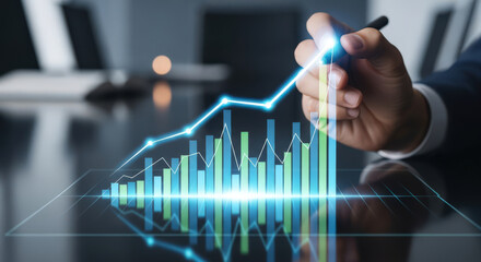Analyzing Financial Growth with Rising Bar Graph and Trend Line on a Reflective Surface Representing Business Performance and Positive Economic Indicators