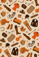 equestrian gear accessories tack seamless pattern in elegant beige brown colors, vector illustration repeat design print