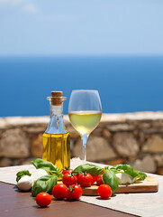 Italian Caprese Salad Ingredients with Wine Overlooking the Sea