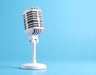 Fototapeta premium White Retro Microphone Light Blue Background Minimalist