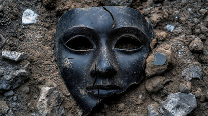 A cracked theatrical mask fragmenting on the ground. Drama and the complexities of performance art
