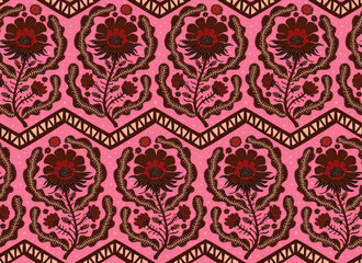 folk art hand drawn abstract wildflowers blooms and ethnic zig zag stripes seamless pattern in pink crimson brown , vector illustration repeat fashion deisgn