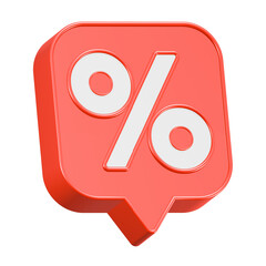 Red business 3D render illustration showing percent discount sign icon for a shop promotion