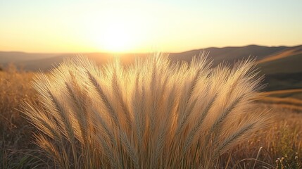 Sunset casts warm hues over golden wheat swaying gently in the evening breeze