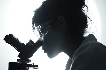 A female scientist, silhouetted, intensely peering through a microscope during research.