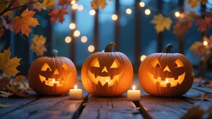 Three glowing jack-o'-lanterns on a wooden deck surrounded by autumn leaves and string lights