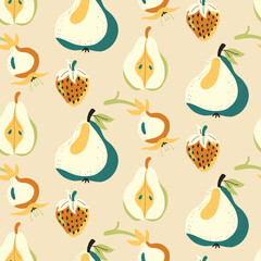 Seamless pear pomegranate and strawberry fruit pattern flat vector vibrant pastel clean outline