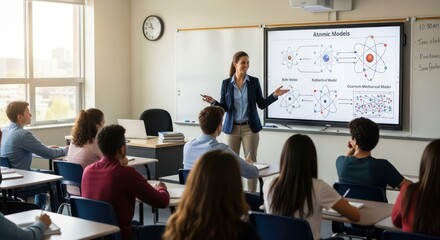 Energetic teacher explains atomic models to attentive students in a bright classroom setting