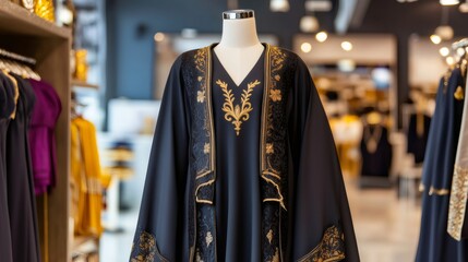 Fototapeta premium Mannequin Wearing Elegant Black Abaya with Gold Embroidery in Fashion Store