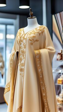 Elegant abaya dress with golden embroidery in fashion store