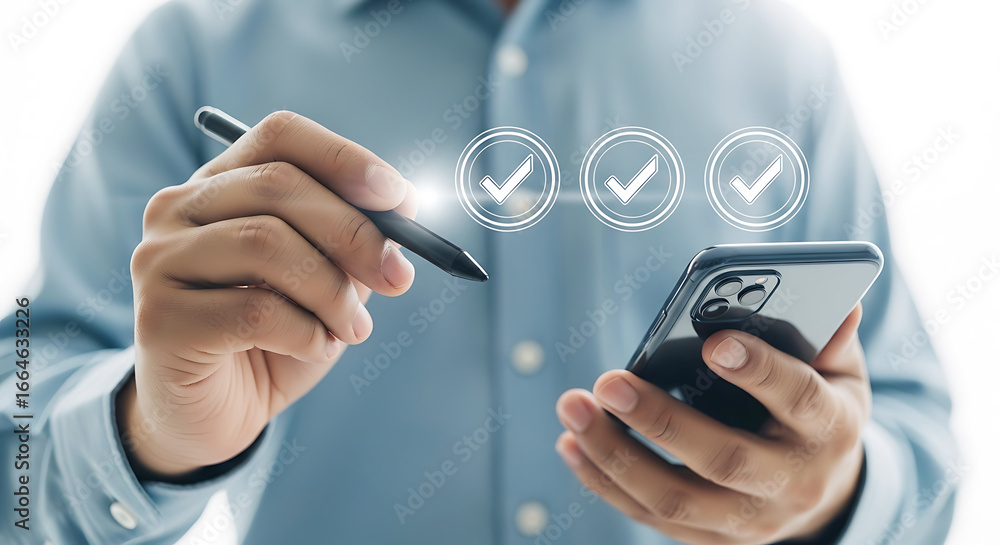 Poster a person uses a stylus to mark multiple checkmarks on a smartphone screen, indicating task completio