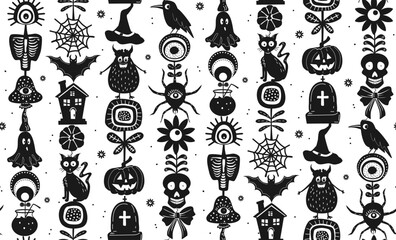black and white block print hand drawn rustic halloween things seamless pattern, vector illustration spooky cute design print