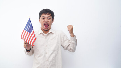 Asian Man with USA flag at studio against white background