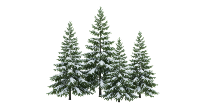 Several pristine snow-covered fir trees with vibrant green needles and delicate snowdrifts on a transparent studio background, captured with soft diffused lighting. Concept of sustainable growth and