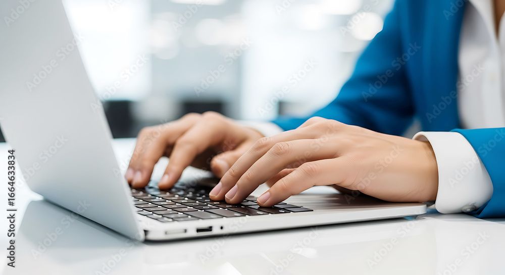 Poster closeup of a womans hands typing on a laptop keyboard in an office setting, focusing on the activity