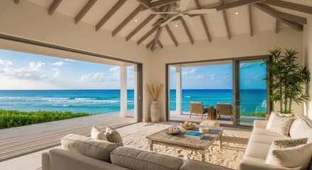 Oceanfront Living Room with Sand Floor, Open Doors, and Turquoise Sea View