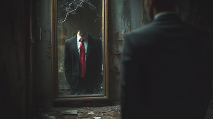 A man in a suit stands while looking in a mirror and sees himself without a head, Headless man in suite
