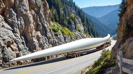 Massive Wind Turbine Blade Transported Through Scenic Mountain Pass A Symbol of Renewable Energy's Journey