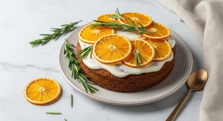 A round cake topped with orange slices and fresh rosemary on a light marble surface. A golden spoon rests beside the plate.