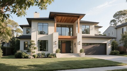 Modern Two-story House with Large Windows and Contemporary Design in Suburban Neighborhood