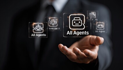 Businessman's hand hovers over holographic "All Agents" display
