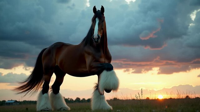 Majestic Clydesdale horse standing boldly against a moody twilight sky with rolling thunderclouds