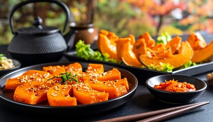 Roasted pumpkin slices, seasoned with sesame seeds and spices, served with a side of kimchi, displayed on black plates.