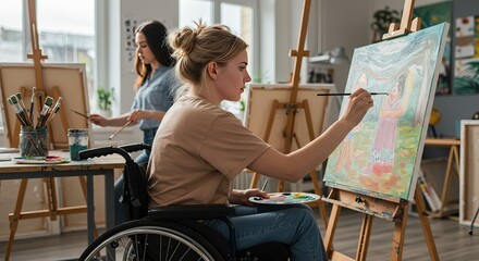 Young adult Caucasian woman with disability painting at easel in art studio while young woman standing in background working on canvas, creative workspace with art supplies visible