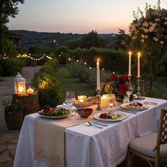 Fototapeta premium Romantic Outdoor Dinner: A Sunset Table Setting with Candles and Flowers