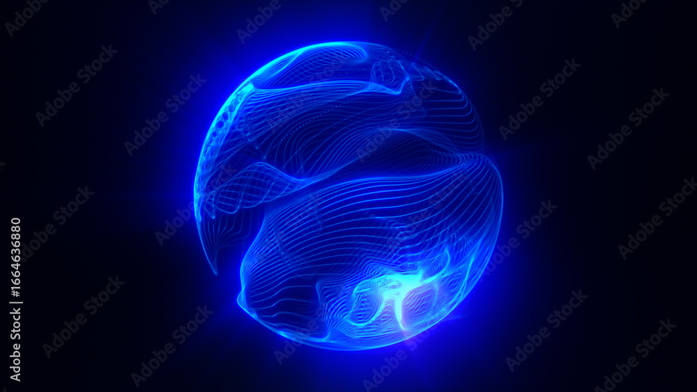 Poster futuristic glowing blue sphere with fluid wave-like structures and soft light trails in a dark digit