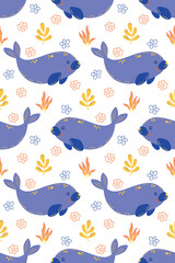 colorfull sea seals seaweeds and flower seamless pattern
