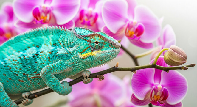 Chameleon on orchids branch photo, exotic pet reptile animal wildlife nature