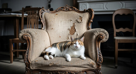 Cat relaxing on vintage armchair furniture pet comfort feline tabby home interior domestic animal repose nap rest