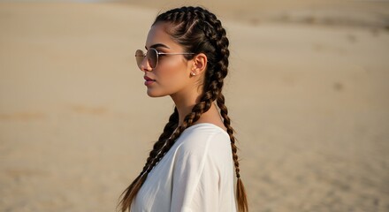 Young adult Middle Eastern woman wearing sunglasses standing in profile with braided hair, looking away from camera, neutral expression, soft lighting highlighting facial features