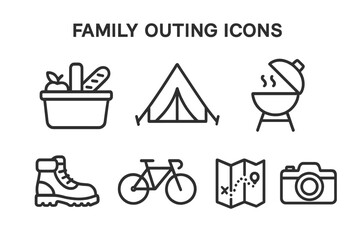 Family outing icon set. Outdoor activities, recreation, and travel concepts. Vector line symbols for picnic, camping, barbecue, hiking, cycling, adventure map, and camera.