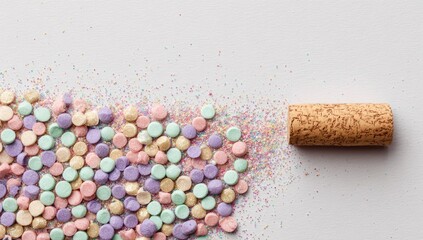 Pastel-colored round candies scattered around a cork
