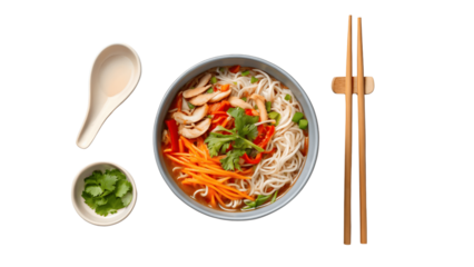 Bowl of asian noodle soup with chopsticks isolated on transparent background