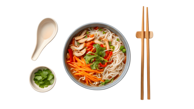 Bowl of asian noodle soup with chopsticks isolated on transparent background
