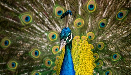 Obraz premium Close-up of a peacock, showcasing vibrant plumage and intricate details.