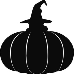Pumpkin silhouette with witch hat on top Halloween vector illustration spooky haunted pumpkin design, Spooky pumpkin with witch hat silhouette, Haunted pumpkin illustration with hat, Creepy Halloween 