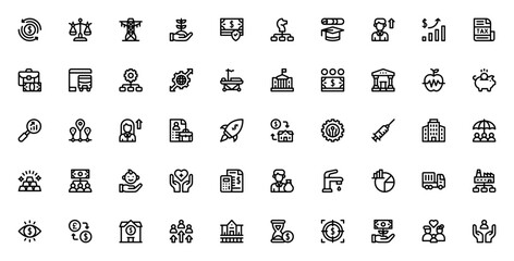 Economic Development icon set. Vector illustration. Includes symbols for growth, strategy, employment, income, taxes, healthcare, logistics, and more. Editable stroke.