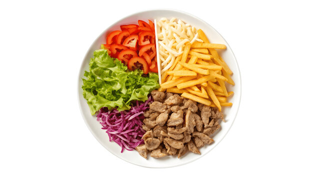 A plate of delicious kebab salad isolated on transparent background
